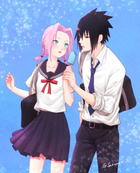 :o alternate_costume alternate_hairstyle bag bitten_popsicle black_bag black_eyes black_hair black_pants black_sailor_collar black_skirt blue_background blush bow braid collared_shirt food green_eyes haruno_sakura holding holding_food holding_popsicle looking_at_another midriff_peek mochiii-s naruto_(series) naruto_shippuuden necktie open_mouth pants pink_hair pleated_skirt popsicle purple_necktie red_bow sailor_collar school_bag school_uniform serafuku shirt short_sleeves skirt sleeves_rolled_up twin_braids twitter_username uchiha_sasuke white_shirt