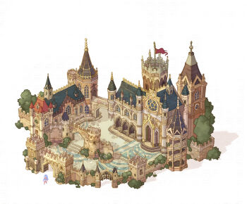 Rule 34 | 1girl, arched window, architecture, artist request, battlement, benya (tales weaver), blue sky, bridge, buttress, castle, cross, day, diorama, european architecture, flag, gable roof, gate, gothic architecture, highres, isometric, latin cross, muntins, nexon, official art, orlanne, orlie, outdoors, portcullis, rooftop, rose window, scenery, second-party source, sky, solo, spire, stairs, stone stairs, tales weaver, tile roof, tower, window