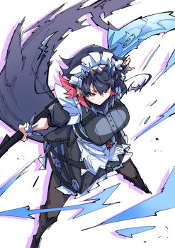 1girl black_hair black_pantyhose breasts commentary_request ellen_joe fins fish_tail from_above holding holding_polearm holding_weapon large_breasts maid maid_headdress multicolored_hair nodachi_(nodati51) pantyhose polearm red_eyes red_hair shark_girl shark_tail short_hair solo tail two-tone_hair weapon zenless_zone_zero