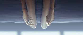 Rule 34 | 1boy, bruise, bruise on leg, bruise on wrist, close-up, emaciated, hand focus, injury, leg focus, male focus, nude, on bed, original, reverse ryona, sitting, skinny, solo, sora yuu, window shadow