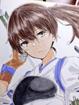 Rule 34 | 1girl, alakoala, arrow (projectile), blush, brown eyes, brown gloves, brown hair, commentary request, double-parted bangs, gloves, hair between eyes, holding, holding arrow, japanese clothes, kaga (kancolle), kantai collection, kimono, looking at viewer, marker (medium), medium hair, muneate, open mouth, partially fingerless gloves, photo (medium), shikishi, short sleeves, side ponytail, sidelocks, simple background, solo, traditional media, white background, white kimono