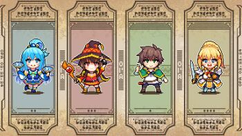 Rule 34 | 1boy, 3girls, aqua (konosuba), black gloves, blue hair, blue shirt, blue skirt, blush stickers, brown hair, capelet, chineseninja, commentary, darkness (konosuba), dated, dress, english commentary, fake text, fingerless gloves, gloves, green capelet, green eyes, hand fan, hat, holding, holding fan, holding staff, holding sword, holding weapon, kono subarashii sekai ni shukufuku wo!, megumin, multiple girls, pixel art, red dress, satou kazuma, shirt, skirt, staff, sword, thumbs up, weapon, white shirt, witch hat