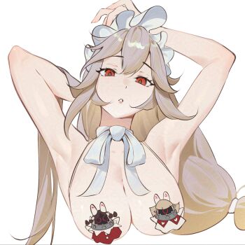 1girl absurdres alexandrina_sebastiane anastella_(zenless_zone_zero) armpits arms_up bea_lenoir breasts commentary drusilla_(zenless_zone_zero) english_commentary grey_hair hair_between_eyes highres large_breasts long_hair looking_at_viewer maid_headdress open_mouth parted_lips red_eyes sidelocks simple_background solo upper_body white_background zenless_zone_zero