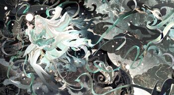 Rule 34 | 1girl, absurdly long hair, absurdres, boots, chinese commentary, commentary request, floating hair, floating ribbon, full body, fur-trimmed collar, fur-trimmed sleeves, fur trim, genshin impact, gradient hair, green hair, green ribbon, green sleeves, green theme, hair spread out, hands up, high ponytail, highres, ink wash painting, li0n (kongshushiwo), long hair, long sleeves, multicolored hair, open mouth, ponytail, ribbon, see-through clothes, see-through ribbon, see-through sleeves, solo, spotlight, standing, very long hair, white hair, xiangyun, yellow eyes, zibai (genshin impact)