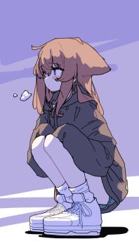 1girl absurdres aoi_tori blue_shorts brown_eyes brown_hair closed_mouth commentary_request dot_mouth from_side full_body grey_hoodie hair_ears hands_on_own_knees highres hood hood_down hoodie hoodie_hiding_shorts impossible_hair knees_up legs_folded long_hair long_sleeves looking_to_the_side original raika-chan_(aoi_tori) shadow shoes shorts simple_background socks solo squatting white_shoes white_socks