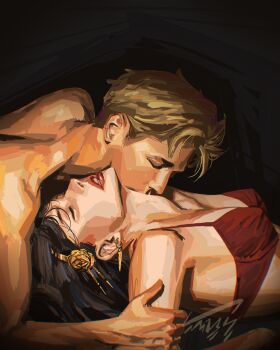 1boy 1girl absurdres black_hair blonde_hair bra closed_eyes commentary earrings hairband highres jewelry kiss kissing_neck long_hair parted_lips red_bra signature spy_x_family topless_male twilight_(spy_x_family) undercut underwear yor_briar zeegadonk