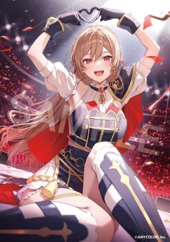 1girl :d armpits arms_up black_gloves black_shirt black_skirt blurry boots braid breasts brown_hair company_name crop_top crown_braid depth_of_field detached_sleeves dutch_angle feet_out_of_frame furen_e_lustario gloves gold_trim heart heart_hands high-waist_skirt knee_boots knee_up long_hair looking_at_viewer medium_breasts midriff_peek nijisanji open_mouth red_eyes sample_watermark sanbaka_anniversary_outfit shirt short_sleeves sitting skirt sleeveless sleeveless_shirt smile solo stadium stage stage_lights tassel virtual_youtuber watermark zattape