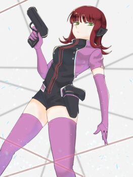 Rule 34 | 1girl, breasts, commentary, elbow gloves, gloves, green eyes, grey background, gun, handgun, headphones, highres, holding, holding gun, holding weapon, holster, jacket, kakegae, katori squad's uniform, katori youko, long hair, purple gloves, purple jacket, red hair, short jumpsuit, short sleeves, solo, thighhighs, weapon, wire, world trigger, zettai ryouiki