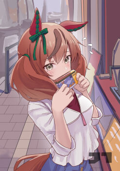 1girl absurdres animal_ears bilingual_commentary blue_skirt blush bow brown_eyes brown_hair commentary commentary_request covering_own_mouth cowboy_shot ear_bow ear_covers english_commentary flying_sweatdrops garapon green_bow hand_up highres holding holding_ticket horse_ears horse_girl horse_tail jtleeklm long_hair looking_at_viewer mixed-language_commentary multicolored_hair nice_nature_(casual)_(umamusume) nice_nature_(umamusume) outdoors shirt skirt solo streaked_hair tail three-quarter_sleeves ticket two_side_up umamusume white_shirt