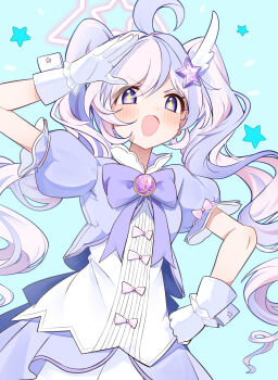 +_+ 1girl absurdres ahoge amaton707 aqua_background blue_archive bow cowboy dress gloves hair_ornament highres juliet_sleeves long_hair long_sleeves looking_at_viewer multicolored_hair official_alternate_costume open_mouth puffy_sleeves purple_bow reisa_(blue_archive) reisa_(magical)_(blue_archive) solo star_(symbol) star_hair_ornament twintails two-tone_hair western wing_hair_ornament