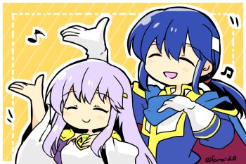 1boy 1girl blue_cape brother_and_sister cape chibi chibi_only circlet closed_eyes dress fire_emblem fire_emblem:_genealogy_of_the_holy_war gloves hand_up julia_(fire_emblem) long_hair music nintendo ponytail seliph_(fire_emblem) siblings simple_background singing smile white_gloves wide_sleeves yukia_(firstaid0)