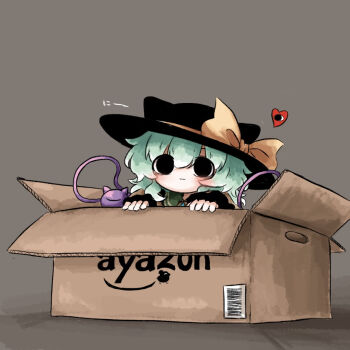 1girl :3 animal_ear_headwear black_eyes black_hat blush bow box brand_name_imitation closed_mouth eyeball eyes_visible_through_hair fake_animal_ears fedora frilled_sleeves frills green_hair grey_background hat hat_bow heart heripantomorrow in_box in_container komeiji_koishi looking_at_viewer medium_hair shirt simple_background solo third_eye touhou yellow_bow yellow_shirt