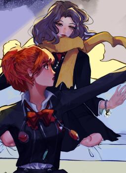 2girls blazer bow bracelet couch hasegawa_saori highres jacket jewelry lipstick makeup mjesechii mole mole_under_eye multiple_girls persona persona_3 persona_3_portable purple_hair red_bow red_hair scarf school_uniform shiomi_kotone sitting yellow_scarf