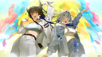2girls :d ahoge aokumo_rin arm_up asymmetrical_horns belt bilingual_commentary black_belt black_choker black_hair blue_eyes blue_hair breasts choker colored_inner_hair commentary confetti copyright_name cropped_shirt english_commentary eyewear_hang flower grey_hair grey_jacket grey_pants grey_sports_bra hair_intakes hair_ornament heart heart_o-ring highres hololive hololive_english horn_flower horns jacket korean_commentary large_breasts looking_at_viewer low_twintails medium_breasts midriff mixed-language_commentary mole mole_under_eye multicolored_hair multiple_girls navel nerissa_ravencroft o-ring o-ring_choker official_art open_mouth pants planetzer_0 shirt sidelocks smile sports_bra stellive streaked_hair teeth twintails uneven_horns unworn_eyewear upper_teeth_only virtual_youtuber white_choker white_jacket white_pants white_shirt x_hair_ornament