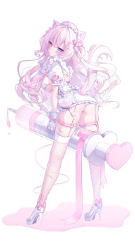 1girl animal_ear_fluff animal_ears ass blood blood_bag blush bow bra breasts cat_ears cat_girl commentary_request fishnet_thighhighs fishnets from_behind full_body gloves hair_between_eyes hair_bow hair_ornament hairclip hat heart heart_o-ring high_heels highres large_breasts large_syringe leaning_forward long_hair looking_at_viewer looking_back momochi_chia nurse nurse_cap o-ring original oversized_object panties pink_bow pink_hair puffy_short_sleeves puffy_sleeves purple_eyes short_sleeves shorts signature simple_background solo syringe thigh_strap thighhighs underwear very_long_hair white_background white_bra white_gloves white_panties white_shorts yami_kawaii