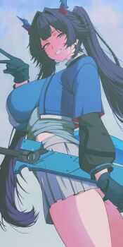 1girl absurdres alternate_breast_size_(larger) aqua_gloves arknights arknights:_endfield black_hair blue_eyes blue_jacket breasts chen_qianyu_(arknights) commentary cowboy_shot cropped_jacket dragon_girl dragon_horns dragon_tail eastern_dragon_horns eastern_dragon_tail gloves highres horns jacket large_breasts long_hair long_sleeves looking_at_viewer looking_down open_clothes open_jacket open_mouth revision smile solo sword tail teeth thighs tobildesu v weapon