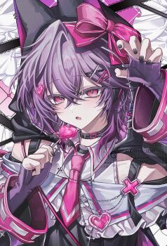 black_nails candy chain cross fingerless_gloves food genshin_impact gloves hand_up heart highres holding holding_candy holding_food holding_lollipop light_blush lollipop long_sleeves looking_at_viewer mini_durin_(genshin_impact) mini_durin_(human)_(genshin_impact) necktie open_mouth pink_eyes pink_necktie ribbon touyu_1210