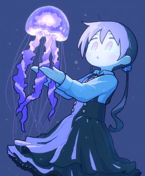 Rule 34 | 1girl, :o, blush stickers, collared shirt, commentary request, glowing, high-waist skirt, highres, jellyfish, layered skirt, long sleeves, looking at animal, original, purple background, purple theme, shirt, simple background, skirt, solo, suspender skirt, suspenders, takurada, twintails