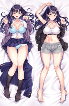 1girl arm_up barefoot bed_sheet black_jacket black_socks blazer blue_bra blue_hair blue_panties blue_skirt blush boku_no_kokoro_no_yabai_yatsu bow bow_bra bra breasts breasts_apart brown_eyes cardigan closed_mouth collarbone commentary_request cuddly_octopus dakimakura_(medium) feet full_body gluteal_fold grey_shorts jacket large_breasts long_hair looking_at_viewer lying miniskirt mole mole_on_neck multiple_moles multiple_views navel on_back open_clothes open_jacket open_mouth panties pleated_skirt purple_cardigan school_uniform shorts skirt smile socks sports_bra suzu_miya thigh_gap underwear unworn_blazer white_sports_bra yamada_anna