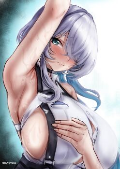 1girl absurdres arm_up armpits artist_name bare_shoulders black_choker black_corset blue_eyes blush brid_(nikke) brid_(silent_track)_(nikke) button_gap chest_harness choker closed_mouth collared_shirt colycycle commentary corset english_commentary goddess_of_victory:_nikke hair_over_one_eye harness highres shirt sideless_shirt sleeveless sleeveless_shirt solo suspenders sweat tight_clothes very_sweaty white_shirt