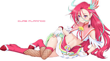 1girl absurdres aqua_hair boots brooch brown_thighhighs character_name closed_mouth clothing_cutout commentary cropped_shirt cure_flamingo earrings feather_earrings feather_hair_ornament feathers fingerless_gloves fishnet_thighhighs fishnets gloves hair_between_eyes hair_ornament hand_on_own_hip high_heel_boots high_heels highres jewelry kazuma_muramasa knee_up layered_skirt long_hair lying magical_girl midriff miniskirt multicolored_hair navel on_side pouch precure purple_eyes red_boots red_hair red_shirt red_skirt shell_brooch shirt shoulder_cutout simple_background skirt smile solo takizawa_asuka thighhighs tropical-rouge!_precure two-tone_hair two-tone_shirt very_long_hair white_background white_gloves white_shirt white_skirt