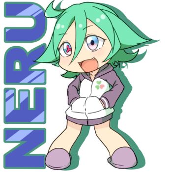 Rule 34 | 1girl, 9rimson, blue eyes, character name, chibi, chibi only, commentary request, double-parted bangs, drop shadow, fang, full body, green hair, hair between eyes, hands in pockets, jacket, lowres, mismatched pupils, multicolored jacket, neru (9rimson), open mouth, original, purple jacket, short hair, simple background, smile, solo, symbol-shaped pupils, two-tone jacket, white background, white jacket