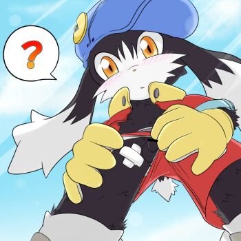 ? artist_request bandages bandai_namco black_fur blush cat flaccid foreskin furry hat jacket kaze_no_klonoa klonoa klonoa:_door_to_phantomile long_ears no_underwear penis shorts testicles