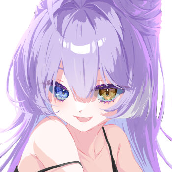 1girl blue_eyes chacha_(chacha0) double-parted_bangs fang hair_between_eyes hashtag-only_commentary highres long_bangs long_hair looking_at_viewer looking_to_the_side multicolored_hair portrait purple_hair simple_background solo spaghetti_strap stellive strap_slip streaked_hair tenko_shibuki turning_head virtual_youtuber white_background yellow_eyes