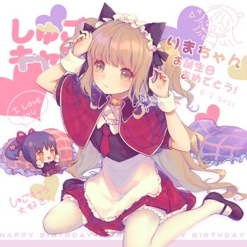 Rule 34 | 2girls, apron, bell, black shirt, blonde hair, capelet, chibi, choker, closed mouth, fujisaki nadeshiko, half updo, highres, long hair, looking at viewer, maid headdress, mashiro rima, multiple girls, neck bell, necktie, pantyhose, plaid capelet, plaid clothes, plaid skirt, purple hair, red capelet, red necktie, red skirt, school uniform, seiyo academy school uniform, shirt, shugo chara!, sitting, skirt, translation request, twintails, waka ryou, wariza, wavy hair, white choker, white pantyhose, yellow eyes