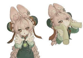 1girl ahoge animal_ear_fluff animal_ears braid bright_pupils disembodied_hand ear_piercing furry h09zy highres long_hair long_sleeves piercing pink_fur pink_hair rabbit_ears rabbit_girl red_eyes twin_braids very_long_hair white_background zenless_zone_zero zhao_(zenless_zone_zero)