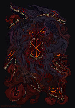 1boy artist_name beast_of_darkness_(berserk) berserk brand_of_sacrifice commentary corruption darkness demon english_commentary fantasy fingernails glowing highres horror_(theme) monster multiple_heads orange_eyes red_eyes red_theme sharp_fingernails sharp_teeth solo somnivagrious teeth tongue tongue_out transformation