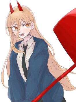 1girl black_necktie blonde_hair blue_jacket chainsaw_man demon_girl demon_horns hair_between_eyes hammer hemokinesis horns jacket long_hair mayo_chocomint necktie power_(chainsaw_man) sharp_teeth simple_background sledgehammer solo teeth white_background yellow_eyes