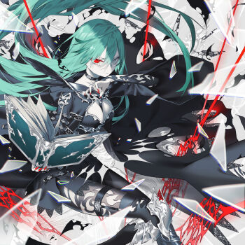 1girl absurdres between_breasts black_dress black_feathers black_pantyhose book breasts broken_glass cleavage colored_skin comiket comiket_102 dress feathers fingernails glass glass_shards green_hair grey_eyes hair_between_eyes hair_over_one_eye heterochromia highres kotarou_(kot_mochi) long_fingernails long_hair looking_at_viewer medium_breasts nail_polish open_book original pale_skin pantyhose red_eyes red_nails shards sharp_fingernails shattered short_dress solo strap_between_breasts swept_bangs very_long_hair white_skin wide_sleeves