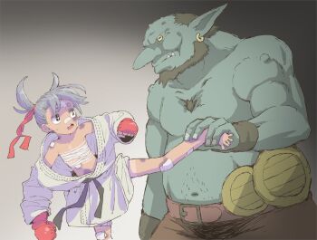 +_+ 1boy 1girl 999knight bandages bandaid bandaid_on_face bandaid_on_forehead bandaid_on_leg bandaid_on_nose barefoot beard belly belt brown_hair bruise bruise_on_arm bruise_on_face bruise_on_neck bruise_on_stomach bruised_eye budget_sarashi chest_hair chest_sarashi closed_mouth colored_sclera colored_skin dougi earrings facial_hair fangs fangs_out feet flat_chest foot_grab goblin goblin_slayer! green_skin grey_hair hair_horns height_difference horizontal_pupils imminent_rape injury jewelry leg_up long_sleeves looking_at_another martial_arts_belt missing_tooth navel open_mouth original oversized_clothes parody pointy_ears sarashi scene_reference standing standing_on_one_leg stomach tan tanline toes yellow_sclera