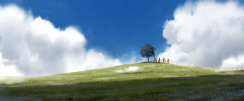 1boy 3girls absurdres aegis_sword_(xenoblade) animal_ears blonde_hair blue_sky cat_ears cloud field grass grey_hair highres long_hair multiple_girls mythra_(xenoblade) nia_(xenoblade) poteto_(potetosarada123) pyra_(xenoblade) red_hair rex_(xenoblade) scenery short_hair sky standing tree xenoblade_chronicles_(series) xenoblade_chronicles_2