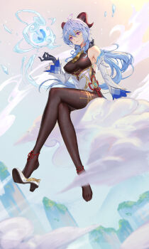 1girl bare_shoulders black_gloves black_horns blue_hair breasts brown_pantyhose detached_sleeves dlx_(kssksskssk) ganyu_(genshin_impact) genshin_impact gloves highres horns long_bangs long_hair medium_breasts mountain multicolored_horns on_cloud pantyhose red_horns shoes single_shoe sitting vision_(genshin_impact) white_shoes white_sleeves