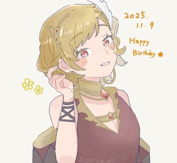1girl blonde_hair breasts brown_dress citrinne_(fire_emblem) cleavage dress earrings fire_emblem fire_emblem_engage gold_choker gold_trim hair_ornament hoop_earrings jewelry leather_wrist_straps medium_breasts mismatched_earrings nintendo red_eyes tanago_(namiuchigiwa) wing_hair_ornament