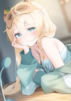 1girl aqua_eyes blonde_hair blue_camisole blue_jacket blurry blurry_background braid breasts camisole character_mask chest_sarashi cleavage closed_mouth commentary_request crossed_bangs double-parted_bangs eye_mask hair_between_eyes hand_up head_rest highres hololive indoors jacket jacket_partially_removed kazama_iroha long_hair looking_at_viewer mask mask_on_head medium_breasts pokobee ryuya sarashi side_braid sitting sleep_mask smile solo strap_slip virtual_youtuber