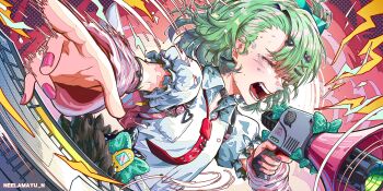 Rule 34 | 1girl, arm warmers, bandaid, bandaid hair ornament, black skirt, closed eyes, collar, commentary, earrings, english commentary, frilled sleeves, frills, fur-trimmed skirt, fur trim, green hair, hair ornament, heart, heart hair ornament, highres, holding, holding megaphone, izzycrownart, jewelry, megaphone, multiple hair clips, musical note earrings, necktie, open mouth, pink arm warmers, pink bag, pink nails, red necktie, shirt, shout lines, shouting, skirt, solo, striped arm warmers, sunna (zenless zone zero), sweat, upper body, white shirt, white wings, winged bag, wings, zenless zone zero