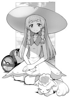 1girl absurdres alolan_form alolan_vulpix bag braid closed_mouth commentary dress duffel_bag gen_7_pokemon greyscale hat highres lillie_(pokemon) long_hair looking_at_viewer monochrome mr.thunderigor nintendo pokemon pokemon_(creature) pokemon_sm sitting sleeveless sleeveless_dress smile symbol-only_commentary twin_braids twitter_username yokozuwari