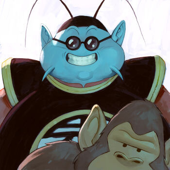 1boy antennae blue_skin brown_fur bubbles_(dragon_ball) colored_skin dragon_ball dragonball_z facing_viewer garrett_hanna grin jitome looking_at_viewer male_focus monkey north_kaiou smile sunglasses teeth white_background