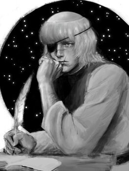 Rule 34 | 1boy, absurdres, badeni, chi.: chikyuu no undou ni tsuite, elbow rest, eyepatch, greyscale, hand on own chin, highres, holding, holding quill, k05062688, long sleeves, male focus, medium hair, monochrome, quill, scapular, scar, scar on face, scar on lip, scar on mouth, scar on nose, solo, table, tonsure