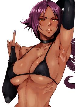 1girl angry armpits arms_behind_head bion_(insomn_bion) black_bra bleach bra breasts choker collarbone cum cum_on_armpit cum_on_body dark-skinned_female dark_skin elbow_gloves gloves hair_ornament highres large_breasts middle_finger ponytail purple_hair shihouin_yoruichi underwear upper_body white_background yellow_eyes