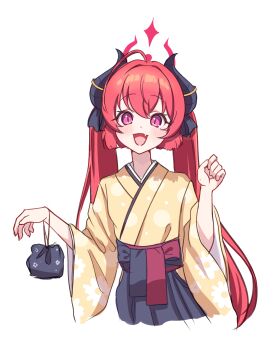 1girl absurdres black_horns blue_archive blunt_tresses blush demon_horns food hair_between_eyes hair_on_horn halo highres holding horns japanese_clothes junko_(blue_archive) kimono long_hair looking_at_viewer open_mouth red_eyes red_hair red_halo shinonome_karen smile solo twintails yellow_kimono