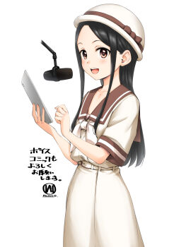 Rule 34 | 1girl, black hair, blush, brown eyes, commentary request, dress, flat chest, hamao, hat, highres, long hair, microphone, open mouth, original, parted bangs, recording audio, sailor dress, smile, solo, tablet pc