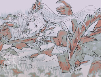 Rule 34 | 1boy, 1girl, arm around neck, arm behind head, black dress, chest jewel, clawed gauntlets, closed eyes, couple, dragon boy, dragon horns, dragon tail, dress, facial mark, girl on top, hetero, highres, horns, imminent kiss, kazula ggnr, kiss, long hair, love and deepspace, official alternate costume, parted bangs, protagonist (love and deepspace), red eyes, short hair, sylus (love and deepspace), tail, white hair