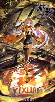1girl 1other ahoge bangboo_(zenless_zone_zero) bird black_gloves black_shoes black_shorts black_thighhighs breasts character_name cleavage elbow_gloves eous_(zenless_zone_zero) fingerless_gloves full_body gloves highres ink large_breasts long_hair ofuda pale_skin shoes shorts single_thighhigh taiju_(gr09kuma) thick_thighs thigh_strap thighhighs thighs tight_clothes twitter_username vest watermark white_hair yellow_vest yixuan_(zenless_zone_zero) zenless_zone_zero