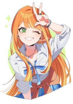 1girl blue_bow blue_bowtie blue_skirt blush bow bowtie chain chain_bracelet clothes_around_waist collared_shirt commentary_request cropped_legs gakuen_idolmaster green_eyes grin highres idolmaster jacket jacket_around_waist jewelry long_hair looking_at_viewer necklace nekoma_hikaru one_eye_closed orange_hair orange_jacket pleated_skirt ring shirt shiun_sumika sidelocks simple_background skirt smile solo sparkle upper_body w white_background white_shirt
