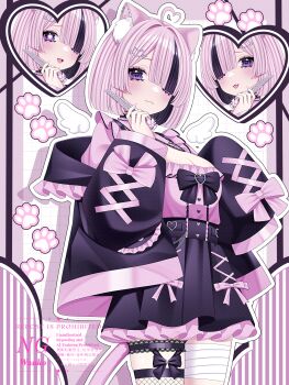 1girl :3 absurdres ahoge animal_ears bandaged_leg bandages black_hair black_ribbon black_skirt blush bob_cut breasts cat_ears cat_girl cat_tail cleavage commission detached_wings hair_ornament hair_over_one_eye hairpin heart heart-shaped_pupils heart_ahoge highres holding_razor_blade jirai_kei large_breasts long_sleeves looking_at_viewer multicolored_hair original outline paw_print pink_hair razor_blade ribbon short_hair skeb_commission skirt solo streaked_hair symbol-shaped_pupils tail thick_eyelashes two-tone_hair virtual_youtuber wanko_(yurika0320) watermark white_outline wings yami_kawaii