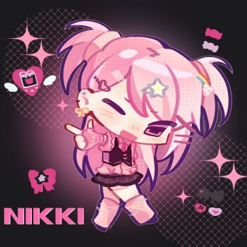 1girl bead_bracelet beads black_background black_shoes black_skirt black_vest blush_stickers bracelet brown_eyes buttons candy character_name chibi collared_shirt ear_piercing elbow_gloves finger_gun fingerless_gloves food frilled_shirt frilled_vest frills gloves gyaru hair_ornament hair_scrunchie hairclip halftone happy haroi head_tilt heart heart_button heart_hair_ornament infinity_nikki jewelry leg_warmers long_hair looking_at_viewer miniskirt multicolored_hair necktie nikki_(nikki) nikki_(series) one_eye_closed open_mouth piercing pink_gloves pink_hair pink_leg_warmers pink_necktie pink_scrunchie pink_shirt plaid_clothes plaid_skirt pleated_skirt puffy_short_sleeves puffy_sleeves rainbow_hair ribbon ribbon_earrings rosie_sweetheart_(infinity_nikki) scrunchie shirt shoes short_sleeves skirt smile solo sparkle split-color_hair star_(symbol) star_hair_ornament tamagotchi_(virtual_pet) two_side_up very_long_hair vest virtual_pet_(toy) x_hair_ornament y2k_fashion yellow_ribbon